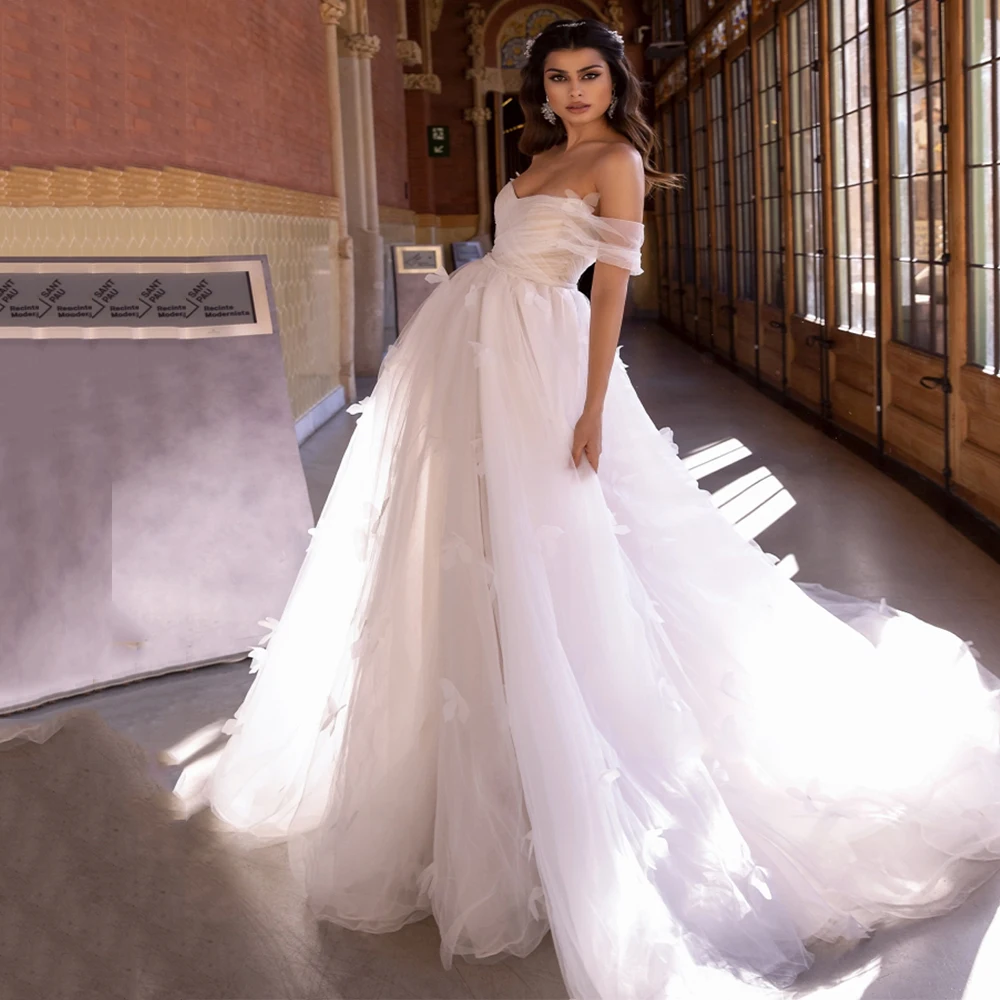

A-Line Long Puff Sleeves Wedding Dresses Sweetheart Off The Shoulder Flowers Appliques Zipper Back 2021 Robe De Mariée