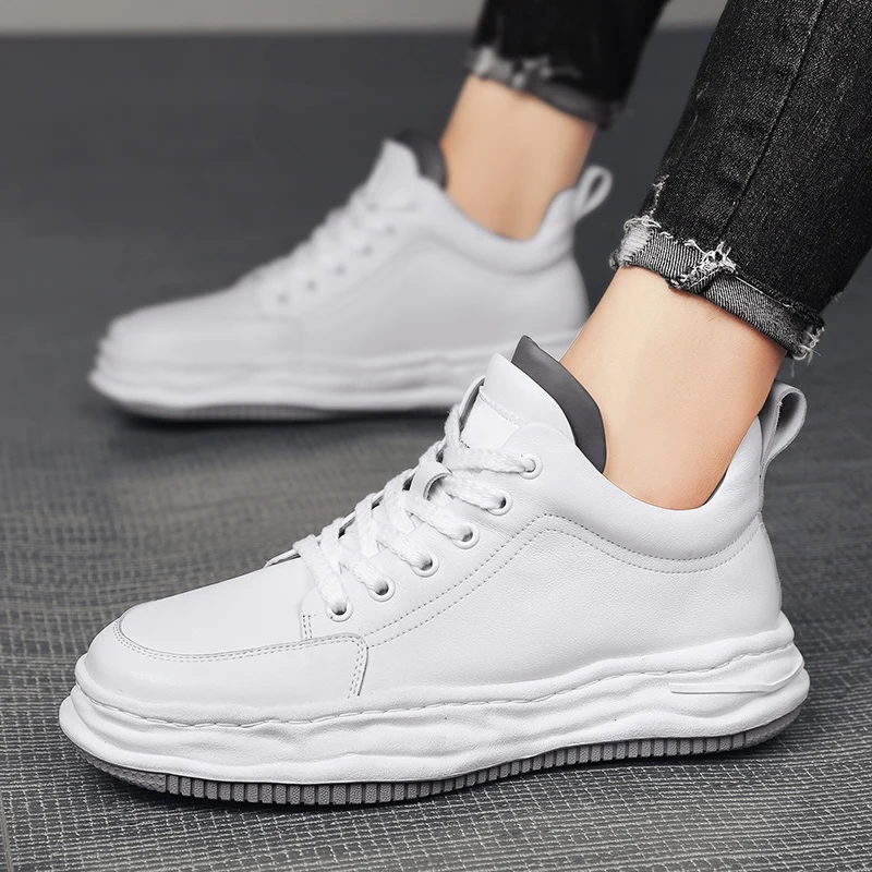 Harga Sepatu Bot Pergelangan Kaki Kasual Fashion Pria Sepatu Sneakers Desainer Mewah Alas Tebal Atas Kulit Asli Sepatu Putih Tren Pemuda Pria