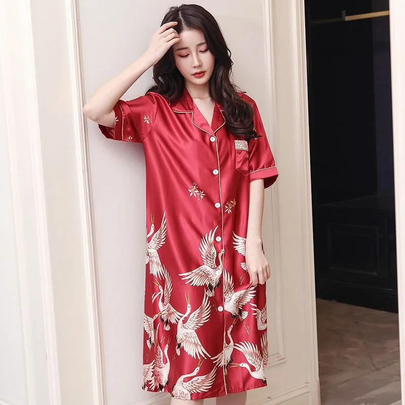 Летняя ночная рубашка с принтом Журавля сексуальная свободная коротким рукавом