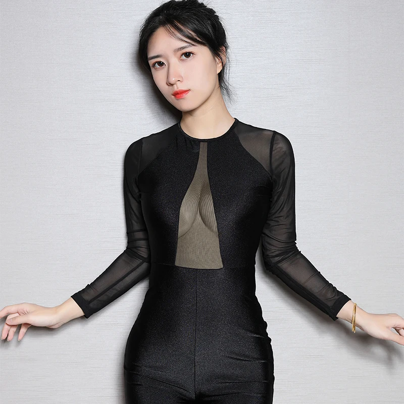 See Through Leotard High Elastic Rompers Shiny Gloosy High Cut Sexy Playsuits Patchwork Sheer Shaper Longsleeve Bodysuits Women