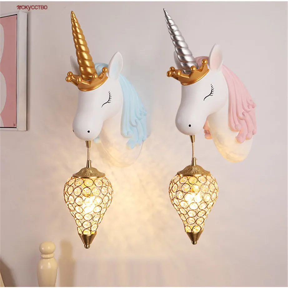 

Creative Horn Resin Horse Crystal Shade Led Wall Lamp Children Bedroom Sleeping Bedside Night Lights Girls Kindergarten Sconce