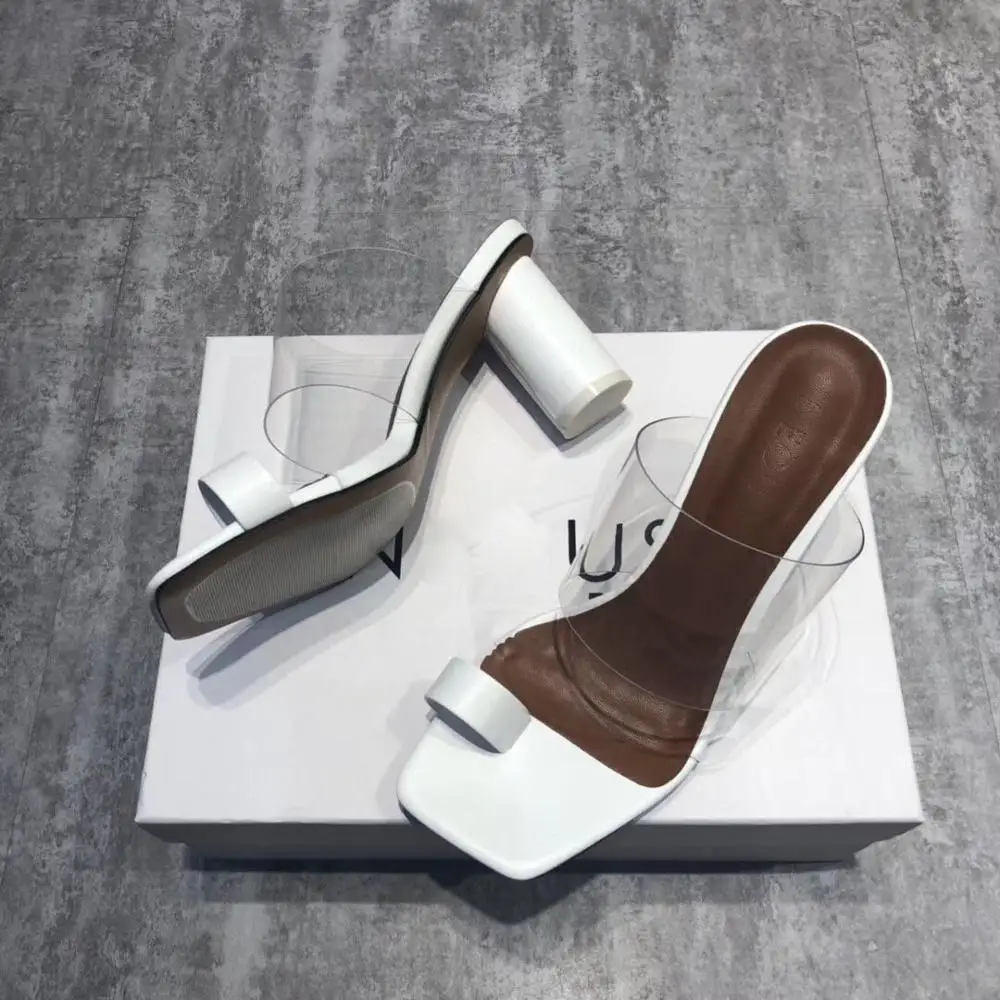 

2021 Sandals Women Transparent PVC Square Toe Flip Toe Design Round High Heels Casual Shoes Femal
