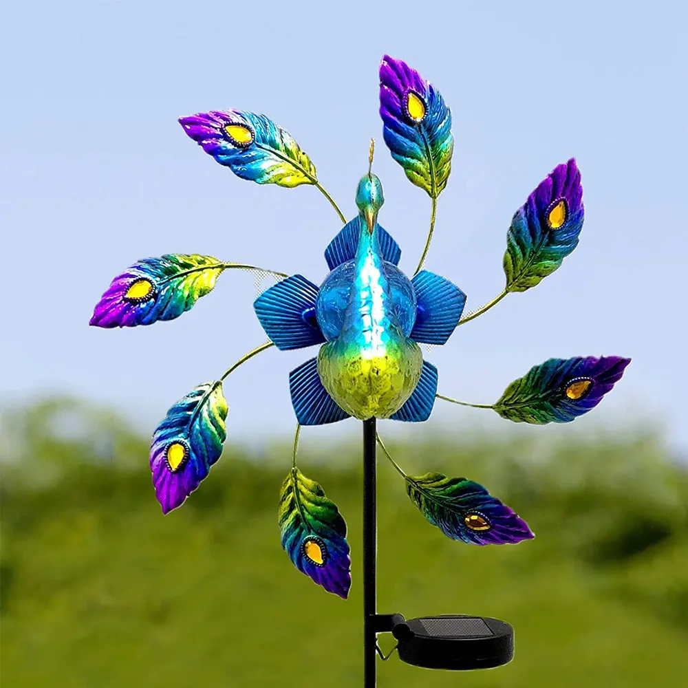 

Creative Peacock Shape Solar Light Windmill Garden Decoration Wrought Iron Painted Animals Decorative Stakes Wind Spinners 2021