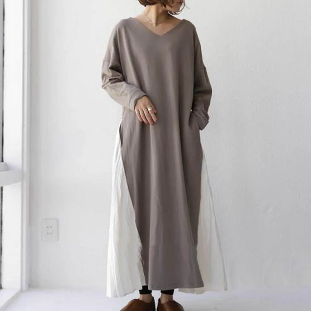 

Japanese Casual Women Dress 2021 Autumn Winter Solid Color Splicing Long Sleeve V-neck Loose Casual Pullover Womens Dress