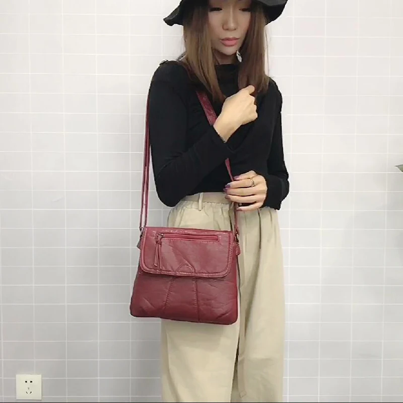 

Black Small Women Messenger Bag Soft Washed PU Leather Crossbody Bag Female Handbag Purses Shoulder Bag