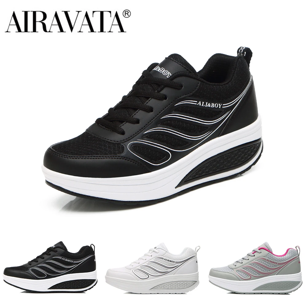 

Airavata WoMen's Ladies Lace Up Mesh Breathable Sneakers Rocking Shoes Walking Thick-Soled Platform Casual Shake Wedges Shoes