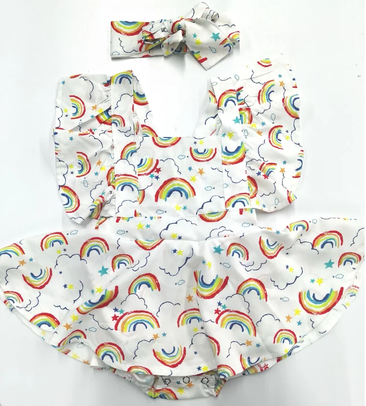 

Комплект из двух предметов для маленьких девочек, комбинезон без рукавов с квадратным вырезом и принтом, головной убор, Радужное платье-ком...