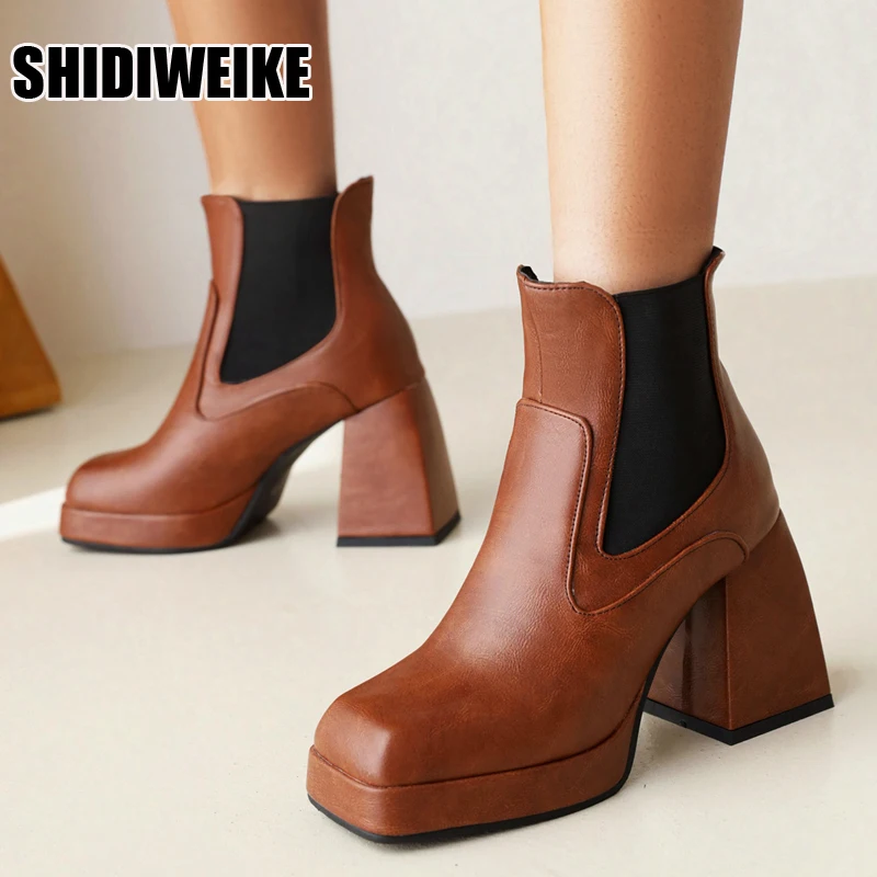 

Женские ботильоны из ПУ кожи, черные эластичные ботинки на толстой платформе, на высоком каблуке, в стиле панк, Осень-зима