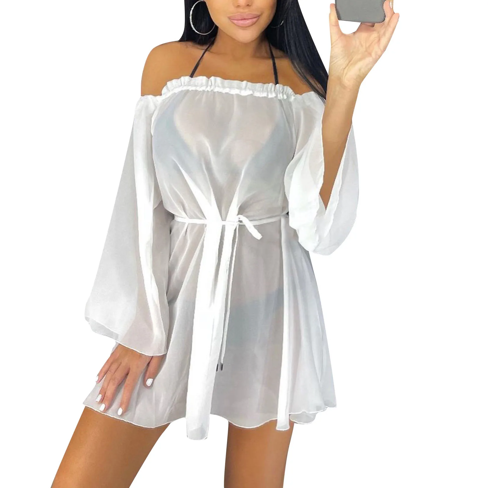 

Women\u2019s Sexy Perspective Bikini Smock Dress Fashion Solid Color Boat Neck Short Beach Dress for Summer
