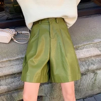 2020 fashion pu lederhosen female capris half length sping wear elastic waist loose green black khaki capris faux leather pants