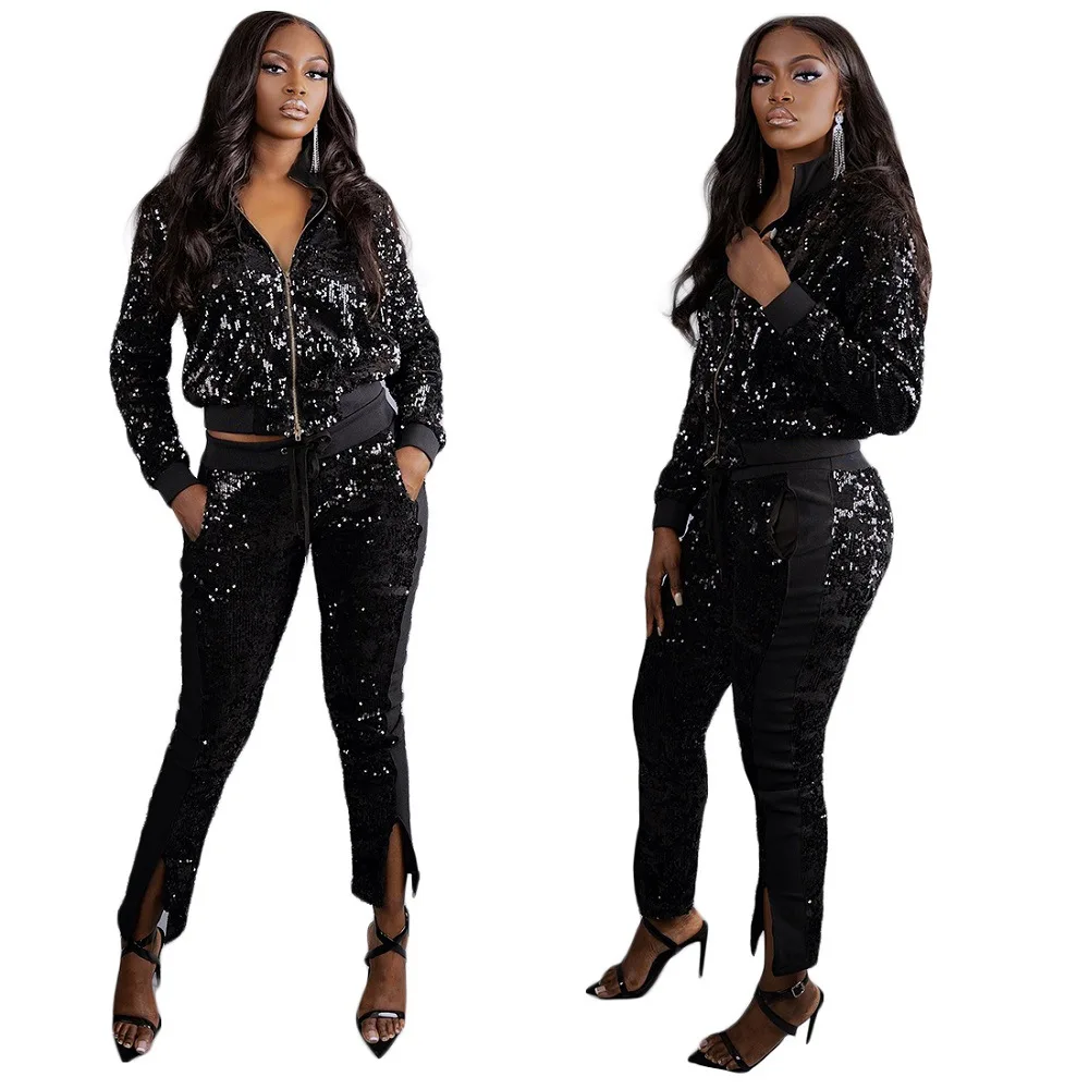 

Winter Sequins Elegant 2-piece Sets Women Tracksuit Long Sleeve Jacket Top Pants Suit Streetwear Sparkly Matching Sets Outfits