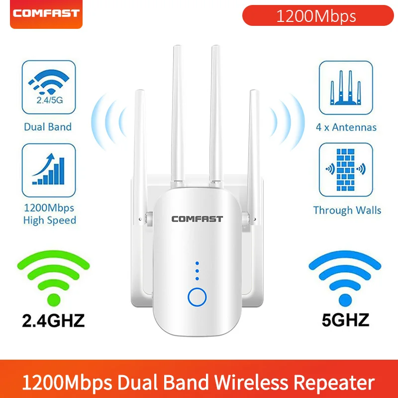 

COMFAST CF-WR758AC Wireless WiFi Range Extender 1200Mbps Dual Band Repeater 2.4/5Ghz Wi fi Booster with 4 Ethernet Antennas