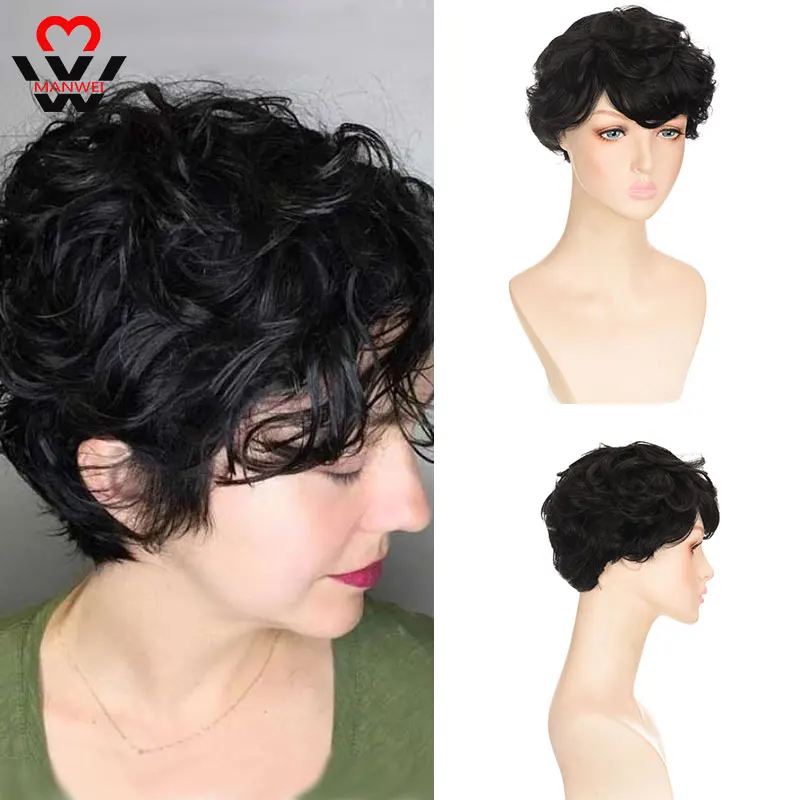 

Короткие кудрявые парики MANWEI, черный красный натуральный кудрявый парик, синтетический парик для ежедневной носки, термостойкие волосы