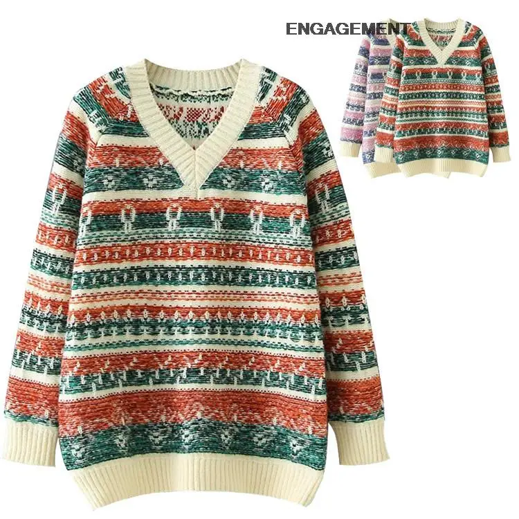 

ENGAGEMENT za 2021 female Autumn Korean women fashion color contrast striped sweater mid-length pullover