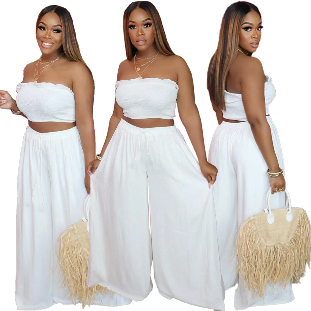 

Strapless Stretch Elastic Crop Top Wide Leg Pants Two Piece Set Sexy Summer White Pants Set Matching Set Streetwear
