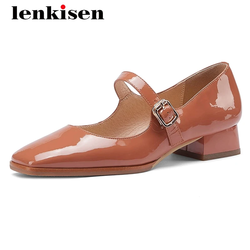 

Lenkisen fairy style cow patent leather high quality leisure square toe thick med heel buckle straps dating cozy women pumps L20