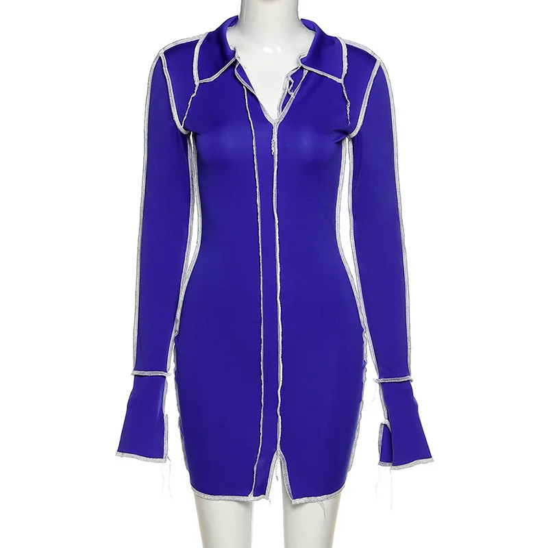 

Sexy V-Neck Side Slit Long Flare Sleeve Skinny Solid Short Dress Women Bodycon Casual Streetwear 2020 Fashion Autumn Clothing