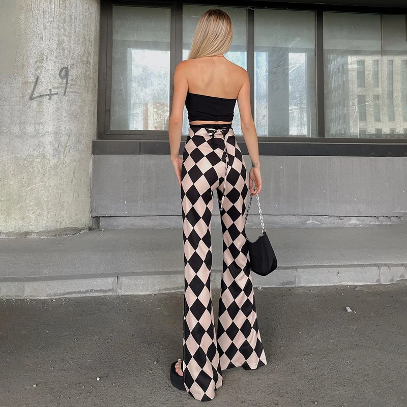 

SUCHCUTE Plaid Print Women Split Wide Leg Pants Harajuku Vintage Y2K Hight Waist Lady Flare Pants Slim Streetwear Trousers 2021