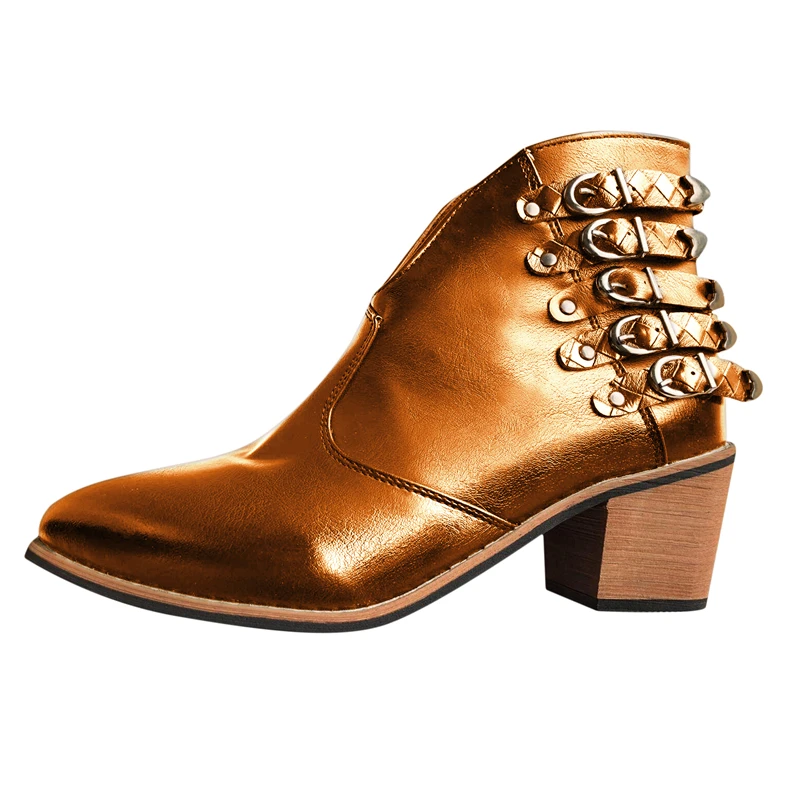

2020 Female Autumn Winter PU Leather Cowboy Ankle Boots Bukle Women Wedge High Heel Booties Botas Mujer