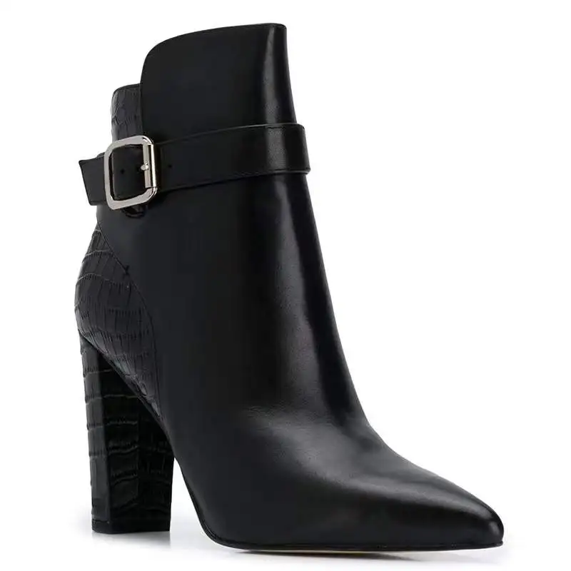 Black Patchwork Stone Print Buckle Strap Fashion Boots for Women Pointy Toe Square High Heel Work Shoes Booty Zip Size 46