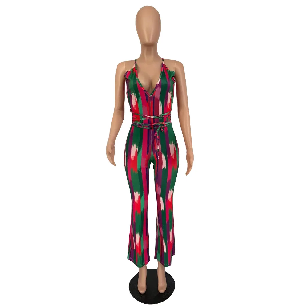 

2021 Colorful Printed Women Jumpsuits Summer Fashion Lady Sleeveless Sexy Deep V-Neck Lace Up Wide Leg Rompers Night Club Party