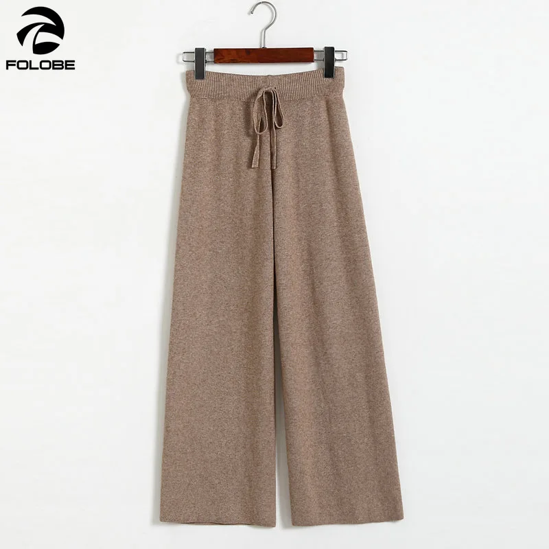 

FOLOBE Autumn Winter Korean Knitted Wide Leg Pants Women Thicken Warm Soft Comfortable Pure Knitted Wide Leg Pants Casual Loose