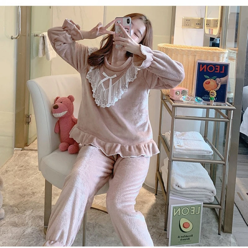 

Winter coral fleece pajamas women's fall and winter outer wear thickening plus fluffy cute round neck winter flannel home servic