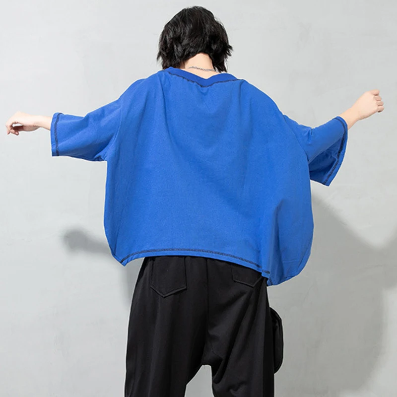 

[EAM] Women Black Casual Long Big Size T-shirt New Round Neck Half Batwing Sleeve Fashion Tide Spring Summer 2021 1DD7742