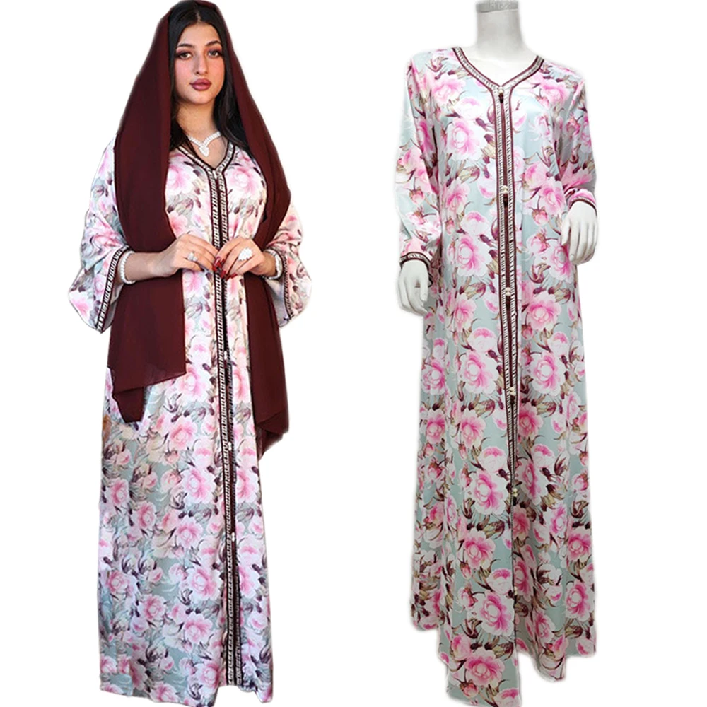 Длинное платье Ближнего Востока, абайя, исламский цветочный принт, макси-халат, марокканский этнический турецкий кафтан Рамадан, арабский Н...