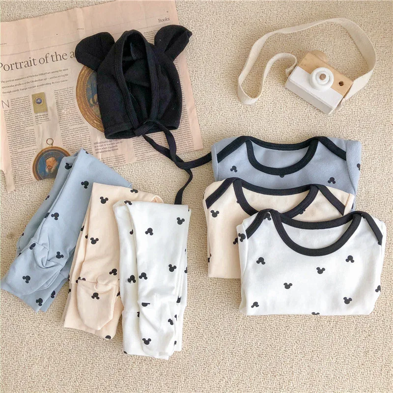 

Spring Autumn Newborn Baby Romper Suit Long Sleeve Toddler Baby Clothing Set 3-Piece Cartoon Print Jumpsuit + Trousers + Hat