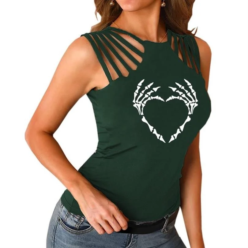 

Hand Heart Hollow Sexy Outer Wear Women Ladies Summer Casual Solid Elastic Cotton U Neck Tank Sleeveless Slim Vest Tops