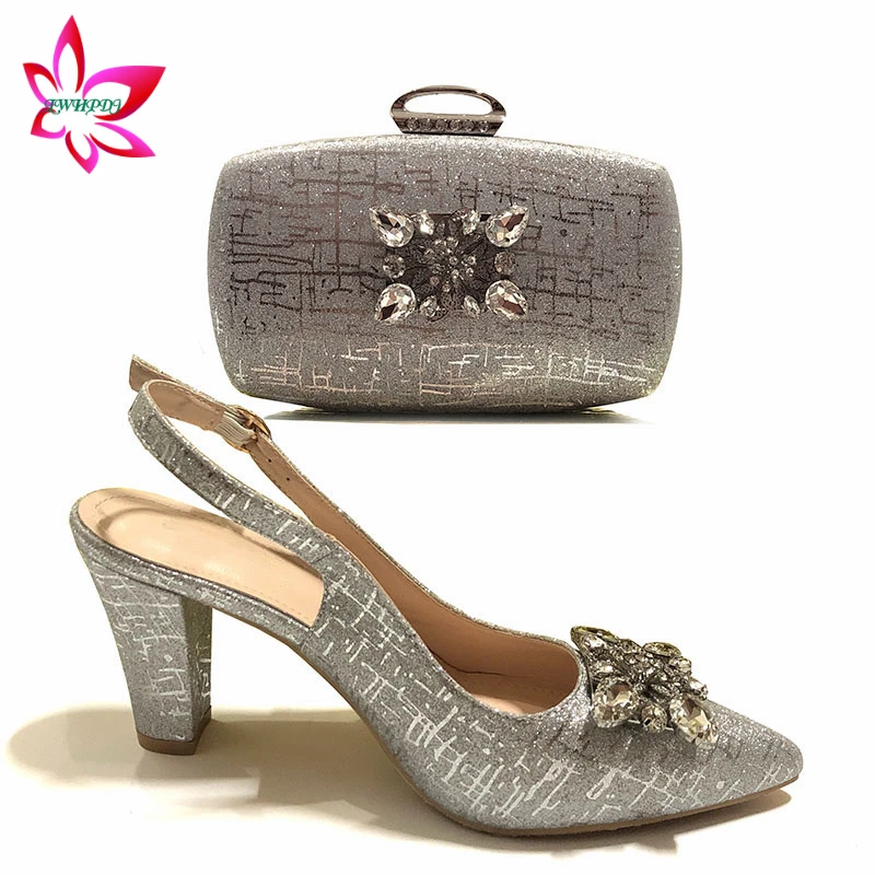 

High Quality 2020 Summer Design Italian Ladies Party Matching Shoes and Bag Set in Silver Color Italian Women Shoe and Bag