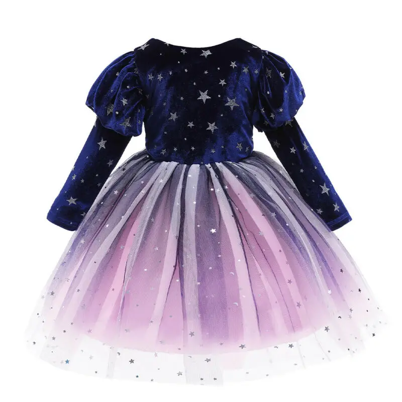 

Girl Star Print Dress Cute Fashion Long Sleeve Gradient Corset Princess Round Neck Velvet Mesh Bubble Party