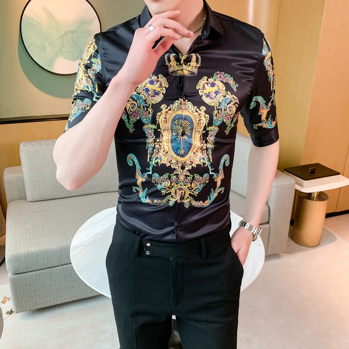 Social Повседневная тонкая рубашка Camisa Masculina роскошная барокко для мужчин 2020 летняя