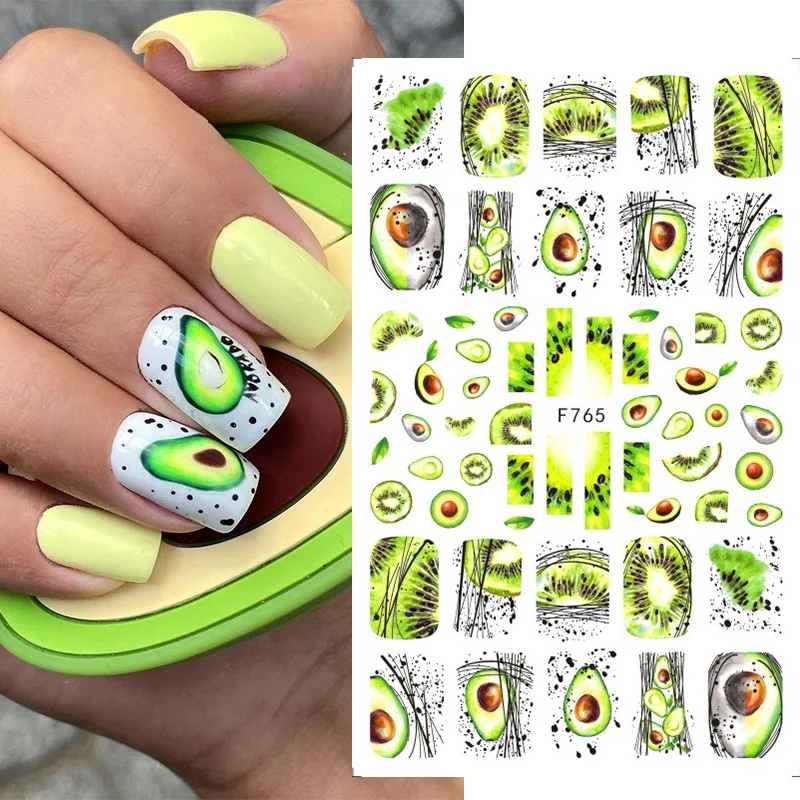 

1Pcs Green Avocado Fruit 3D Nail Stickers Abstract Waves Line Flowers Self Adhesive Sliders Decals DIY Nail Art Decorations