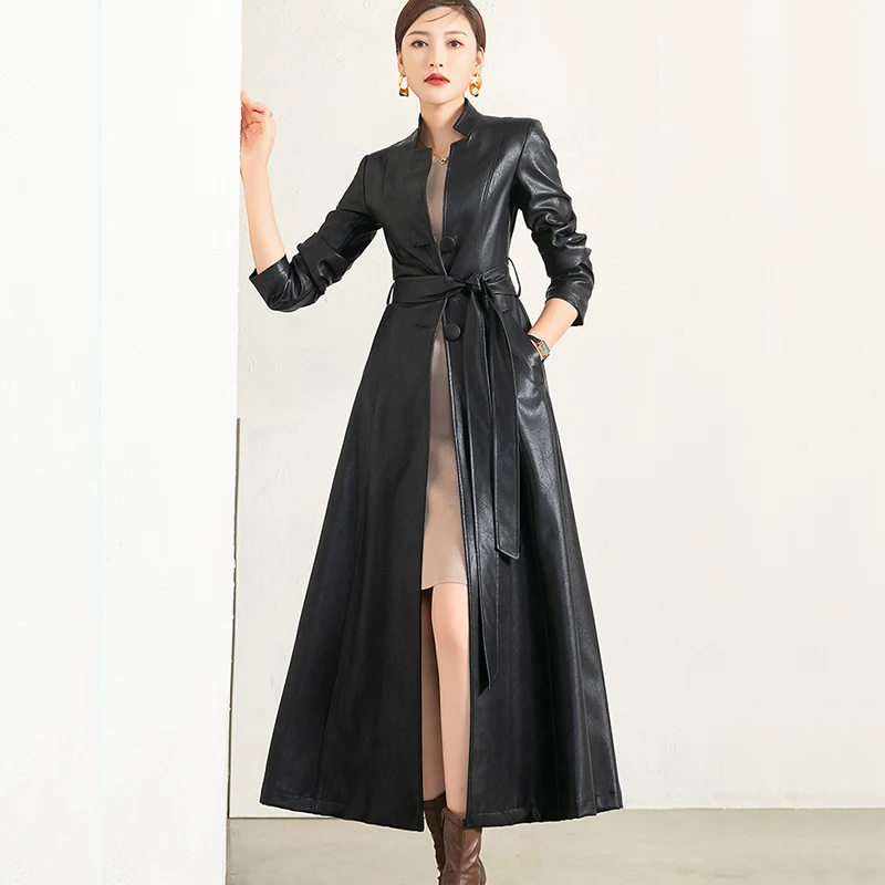 New Women Black Leather Overcoat Spring Autumn Fashion Stand Collar Solid Color All-match Slim Long Ankle-Length Leather Coat