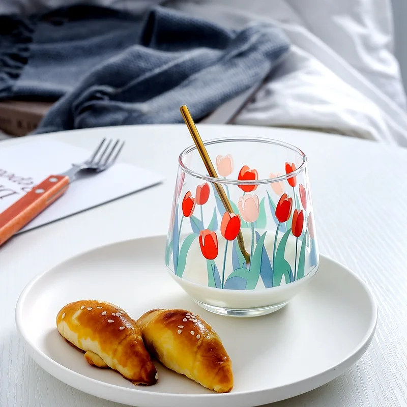 Корейский стиль Instagram стеклянная чашка для молока ручная роспись Тюльпан Цветок