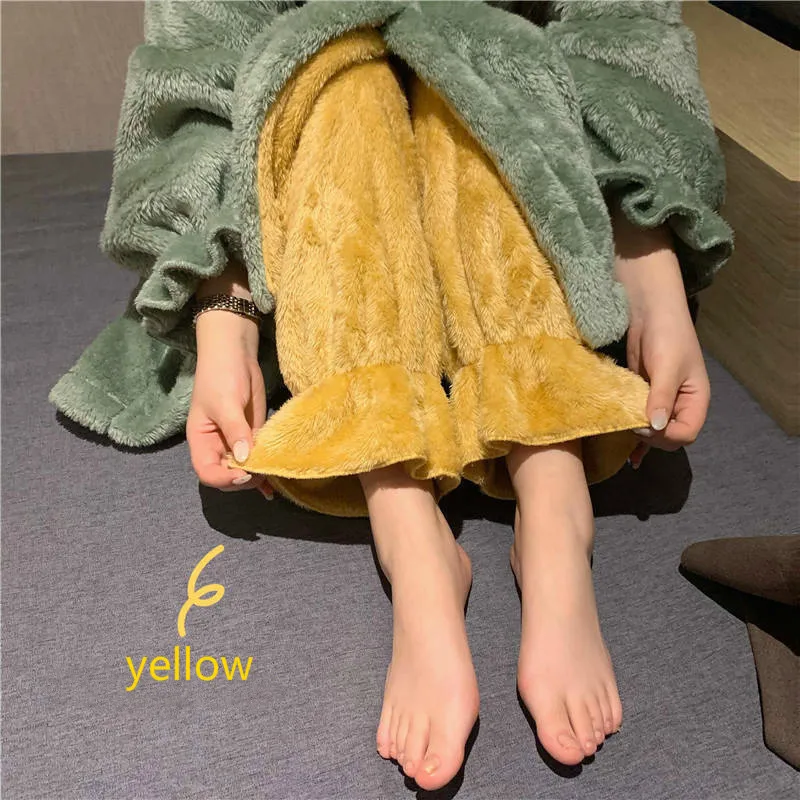 

Women Sleep Bottoms Winter Womens Sleep Pants Loose Thicken Warm Soft Cozy Home Female Trousers Ruffles Sweet Leisure Ins Trendy