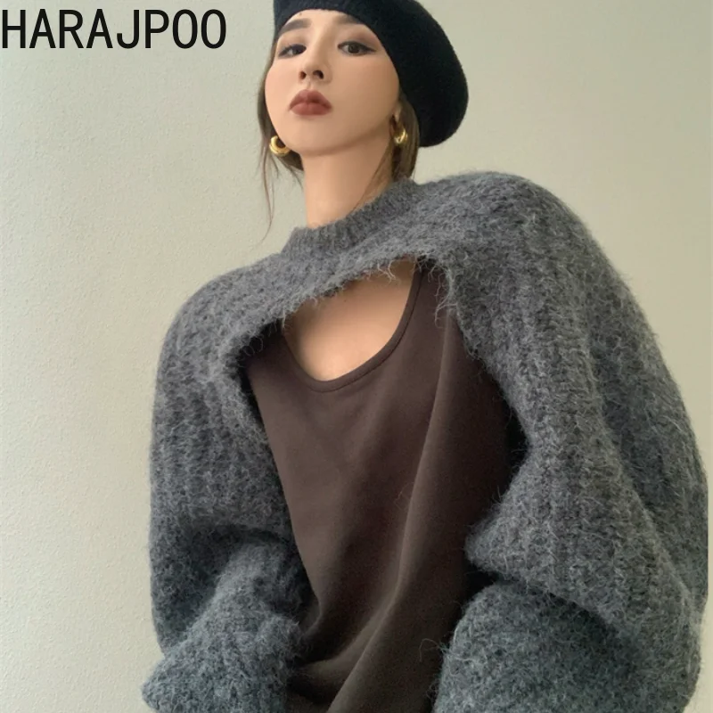 

Женский трикотажный пуловер Harajpoo, серый укороченный свитер с длинным рукавом, в стиле Харадзюку, осень 2021