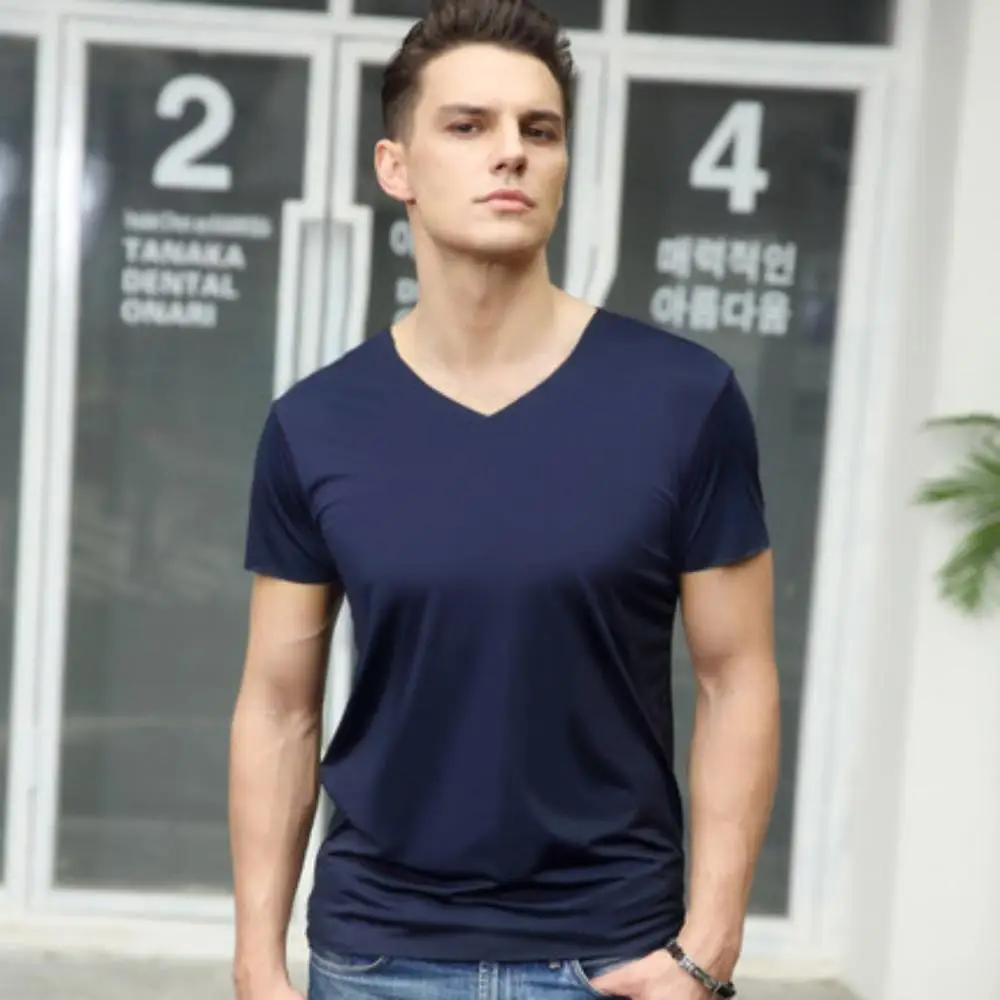 

2020 Men's t-shirt thin short-sleeved summer ice silk traceless Slim stretch V-neck solid color bottoming t-shirt quickly dry