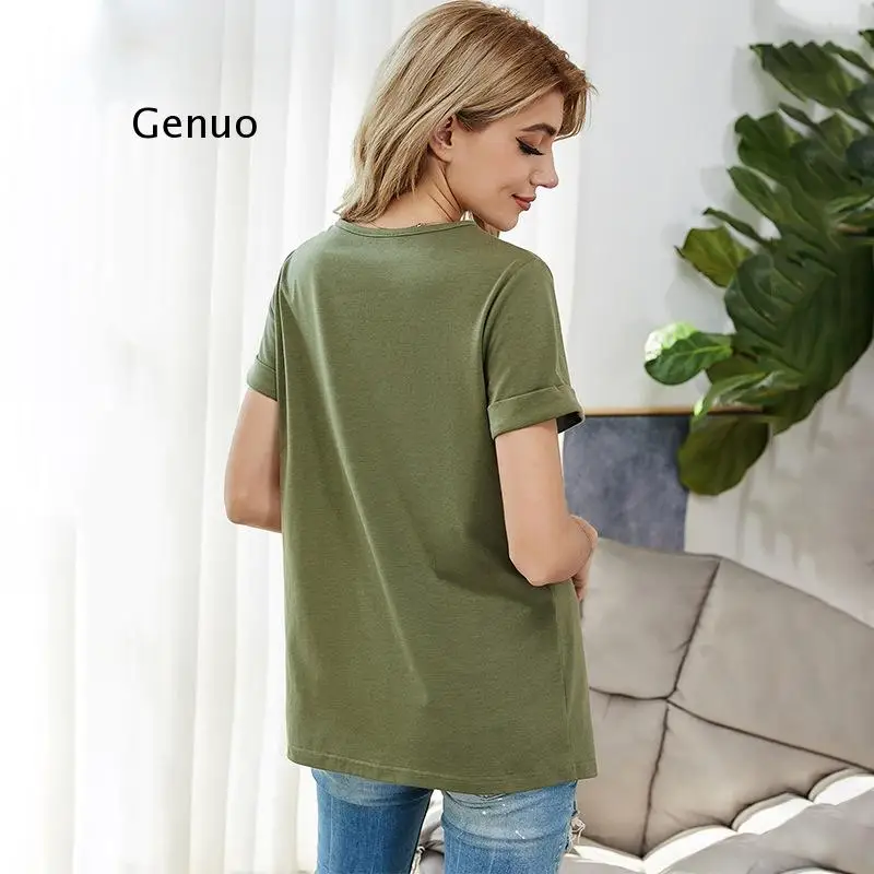 

Cotton Casual summer plus size plus fashion t shirt women aesthetic Button Solid O-Neck womens clothing
