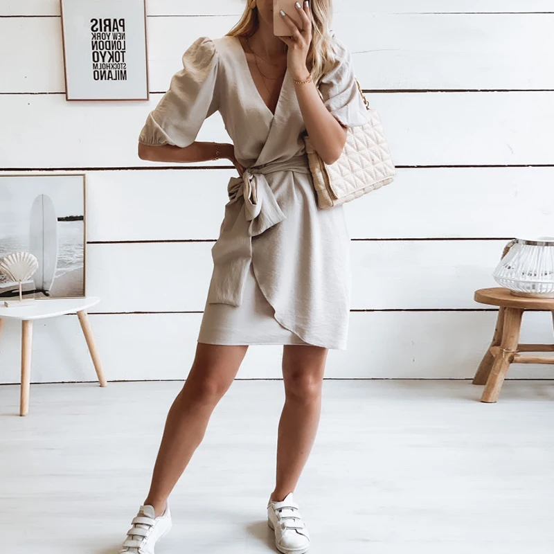 

Summer V Neck Office Dress Mini Women Puff Sleeve A Line Sashes Wrap Short Dress Casual Solid Color Ladies Daily Vestidos 2021