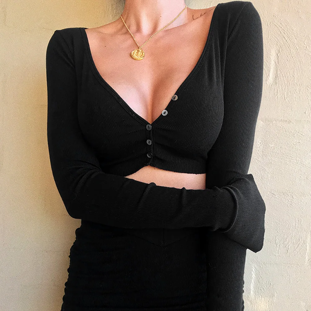 Сексуальный женский однотонный облегающий Топ с длинным рукавом глубоким