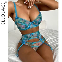 ellolace sexy sensual lingerie womans underwear underwire push up bra erotic brief sets fancy underwear see through 3 piece set