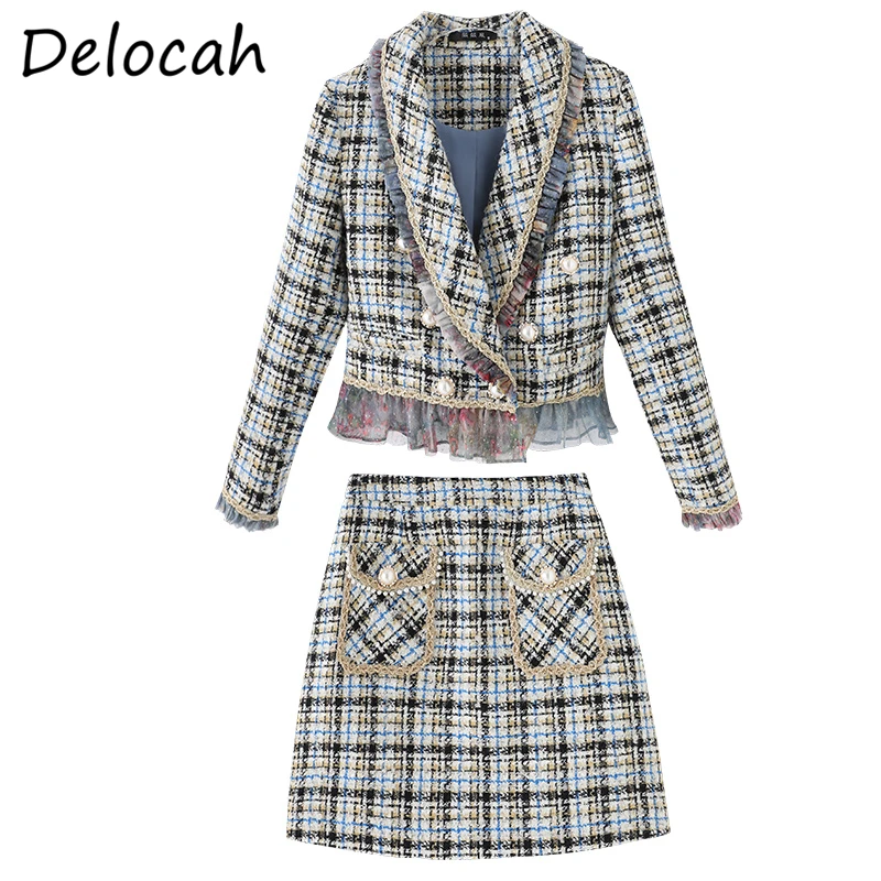 

Delocah Women Summer Fashion DesignerSkirts Set Double Breasted Ruffles Tops + High Waist A-Line Skirts 2 TwoPiecesSuits 2021