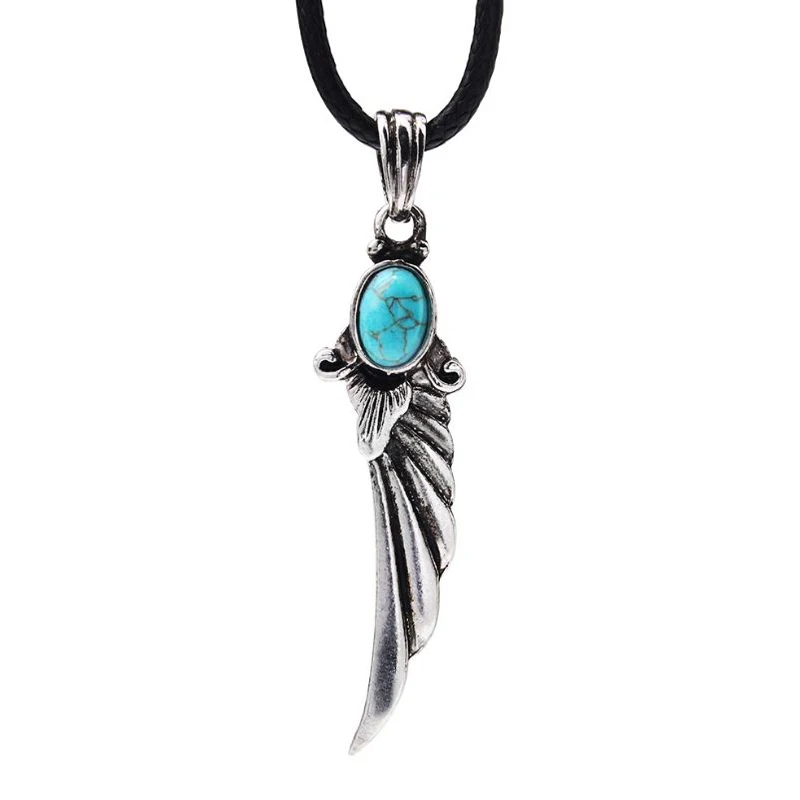 Tibetan Silver Angel Wing Feather Necklace Blue Beads Pendants Long Waxed Cotton Cord Chain Women Men Jewelry | Украшения и