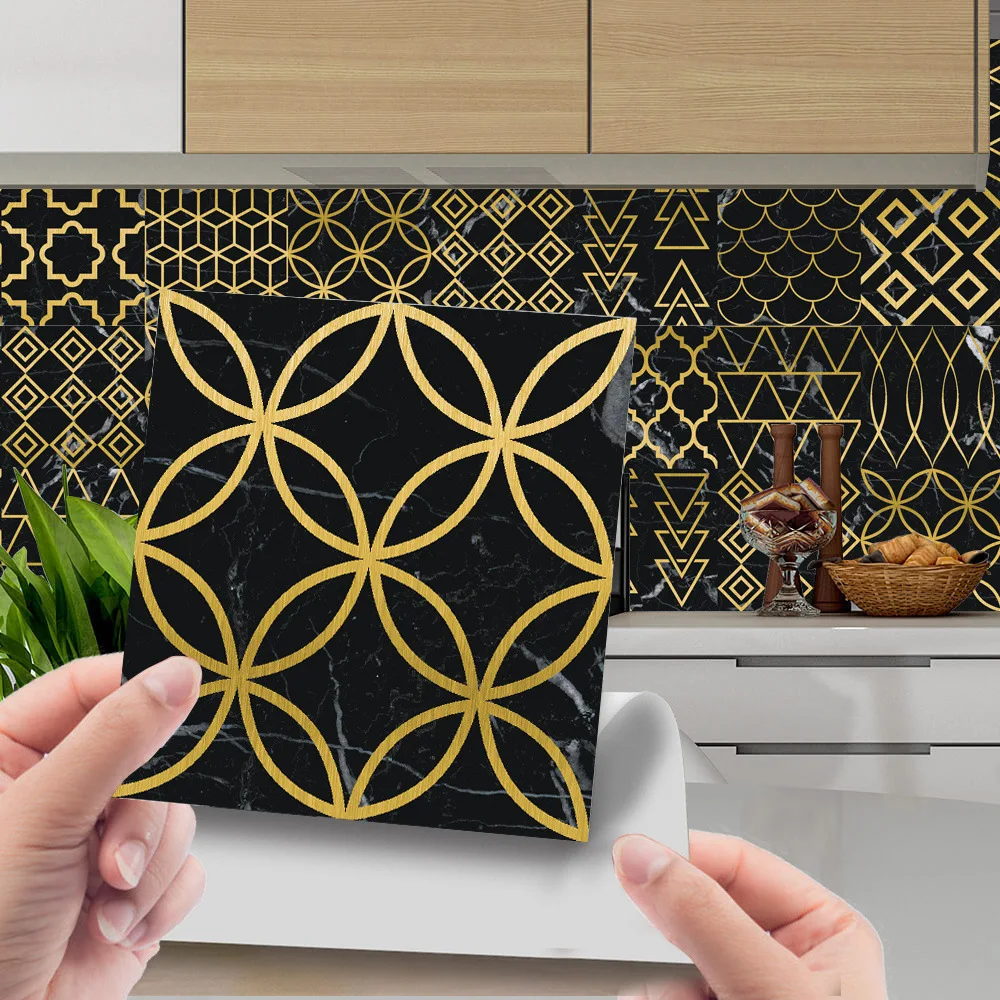 

10Pcs Gilded Retro Gold Geometric Pattern Tiles For Home Decoration Brick Wallpaper DIY Self Adhesive Oil Proof Wall Sticker