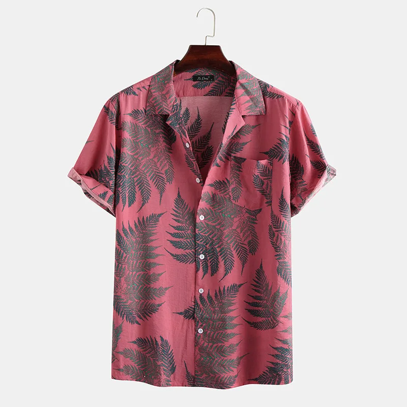 

Summer Solid Color Short Sleeve Leaves Printed Summer Men's Shirts Casual Turn Down Collar Single Breasted Vacation Shirts