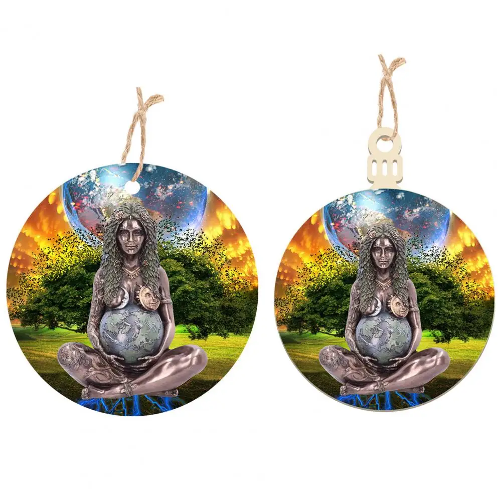 

Round Shape Pointed Head Wooden Pendant Earth Mother Pattern with Hanging Hole Wood Decorative Hanging Tag Ornament for Car Home