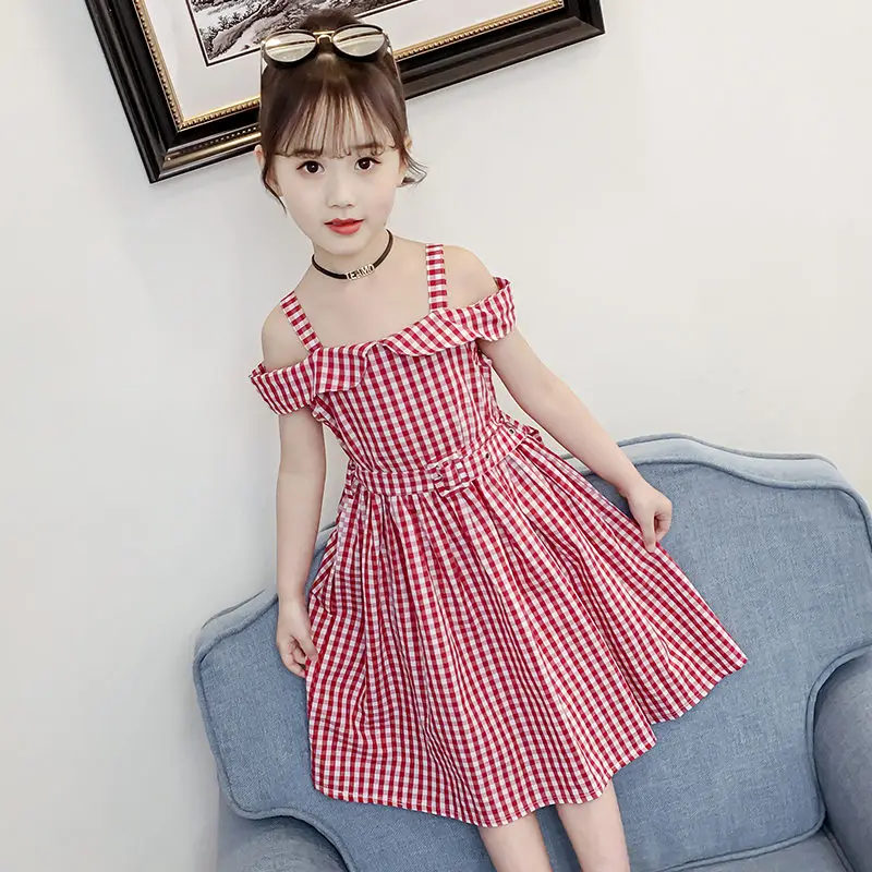 

2021 Hot Summer Dress for Children New Fashion Plaid Off Shoulder Strap Teen Girls Clothing High Waist A-Line Princess Dresses